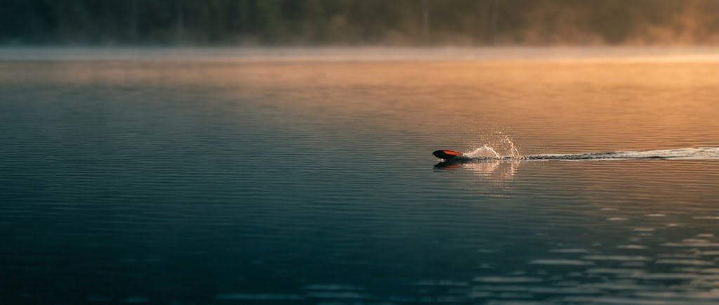Topwater lure working across calm water at first light, leaving a narrow wake