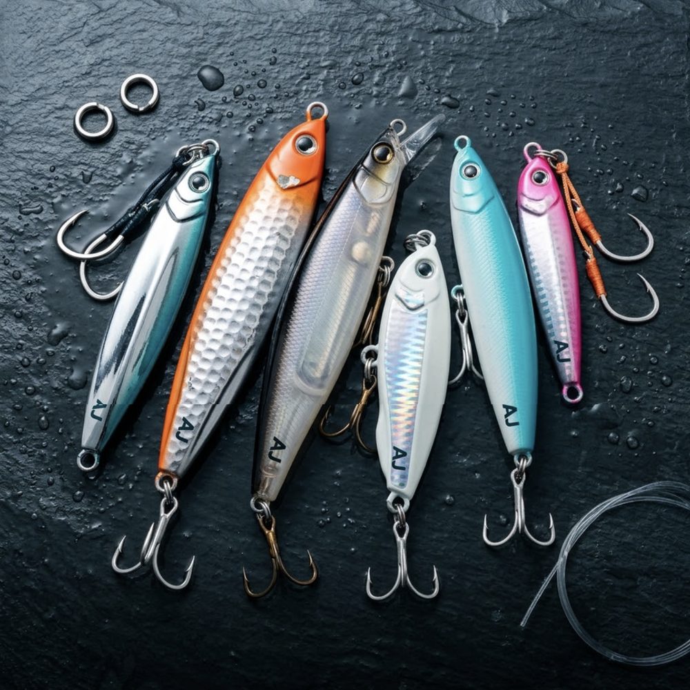 Metal casting jigs and hard lures arranged on wet dark slate