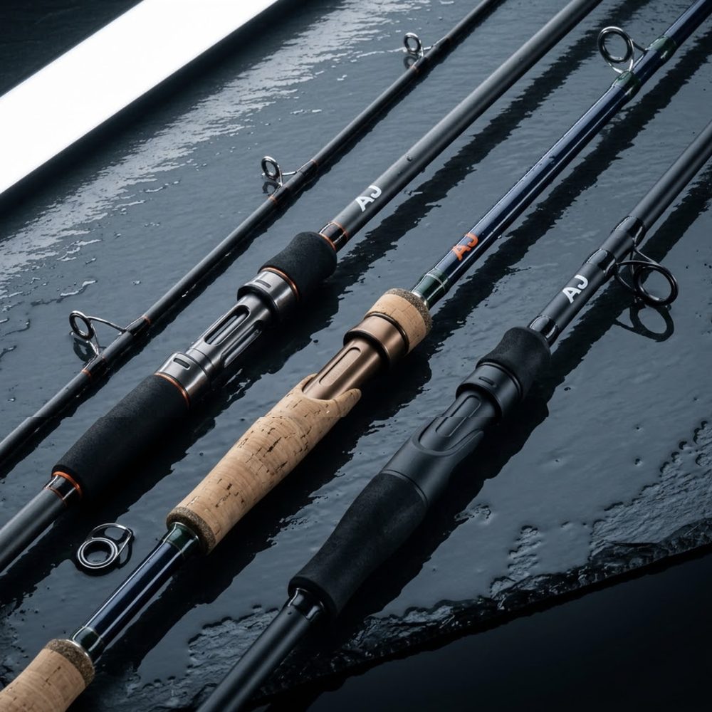 Rod handles, reel seats and first guides laid in a parallel diagonal on wet slate