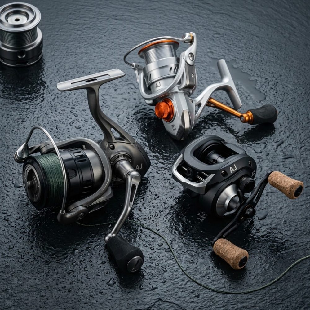 Spinning and baitcasting reels grouped on wet dark slate