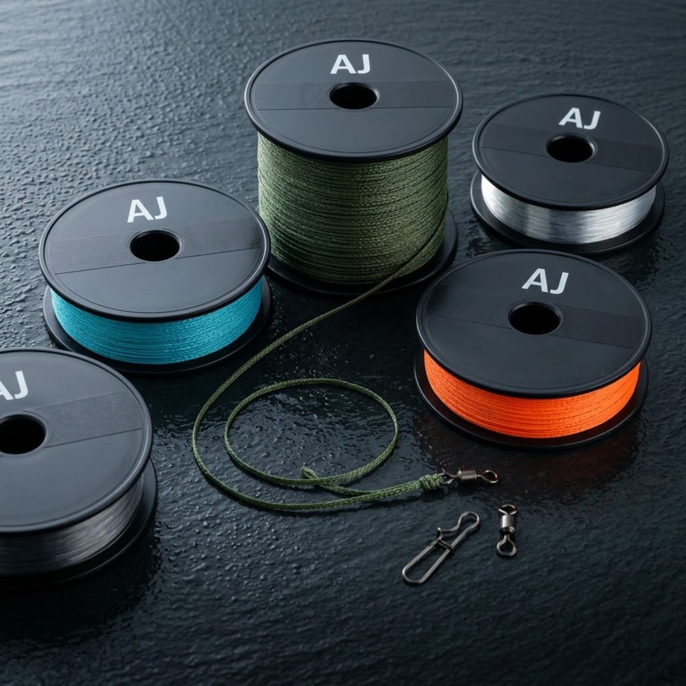 Spools of braid, mono and fluorocarbon leader on wet slate with a knotted swivel