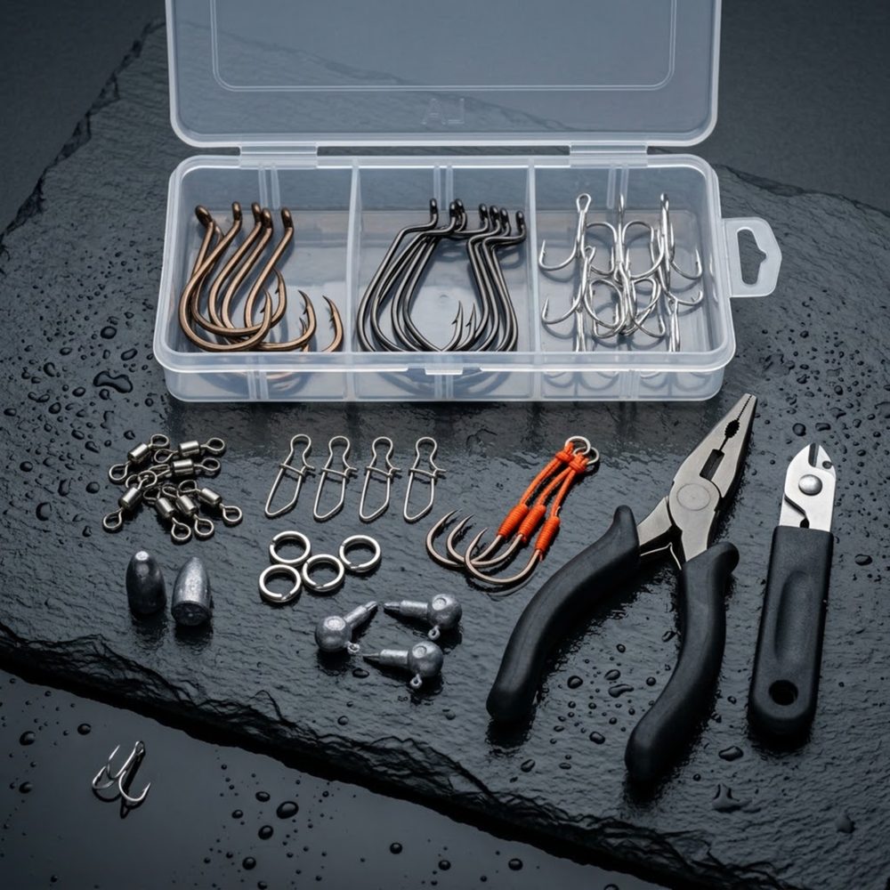 Sorted hooks in a compartment tray with swivels, split rings, sinkers and pliers