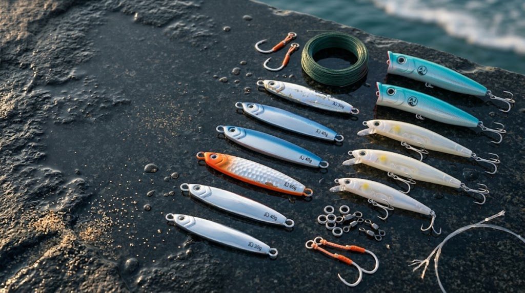 Metal jigs, minnows and poppers laid out across a wet dark granite slab at first light