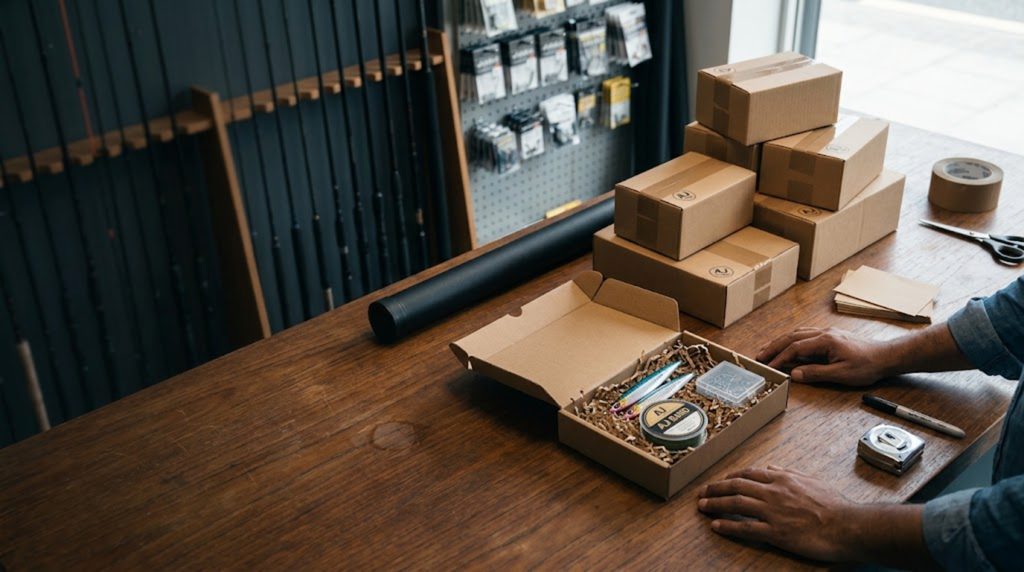Parcels stacked on a tackle shop counter, one open showing jigs and braid packed in kraft paper