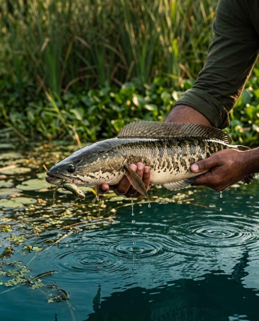Snakehead held horizontally above still weedy freshwater, frog lure at the jaw