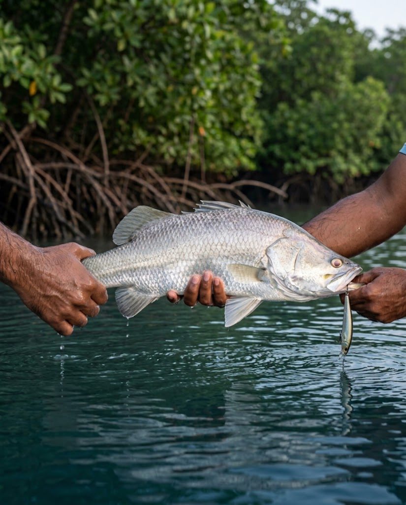 Silver barramundi held above brackish estuary water with mangroves behind