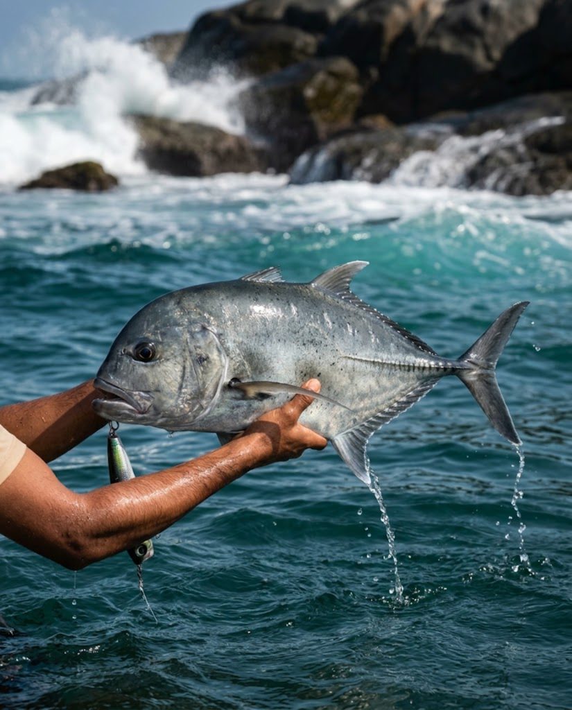 Giant trevally held horizontally above open sea with surf breaking on rock behind
