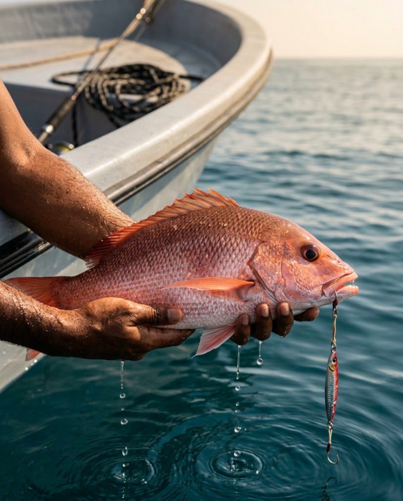 Coral-red snapper held over the side of a small boat on calm offshore water