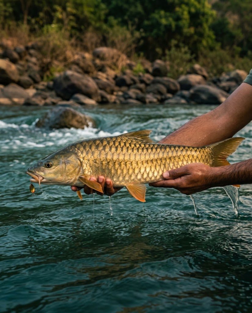 Golden-scaled mahseer held above a rocky river run in low sunlight