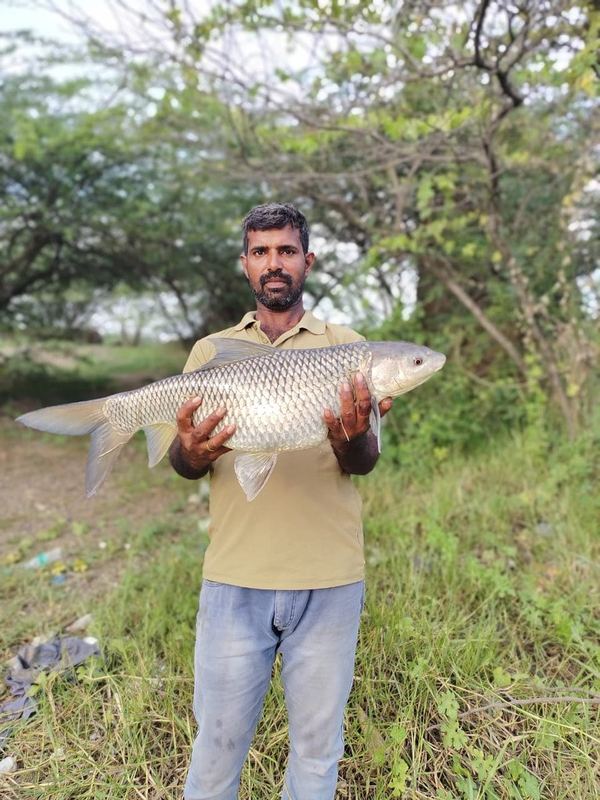Customer holding a carp on a grassy bank