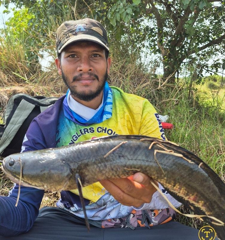 Customer holding a catfish caught on the bank